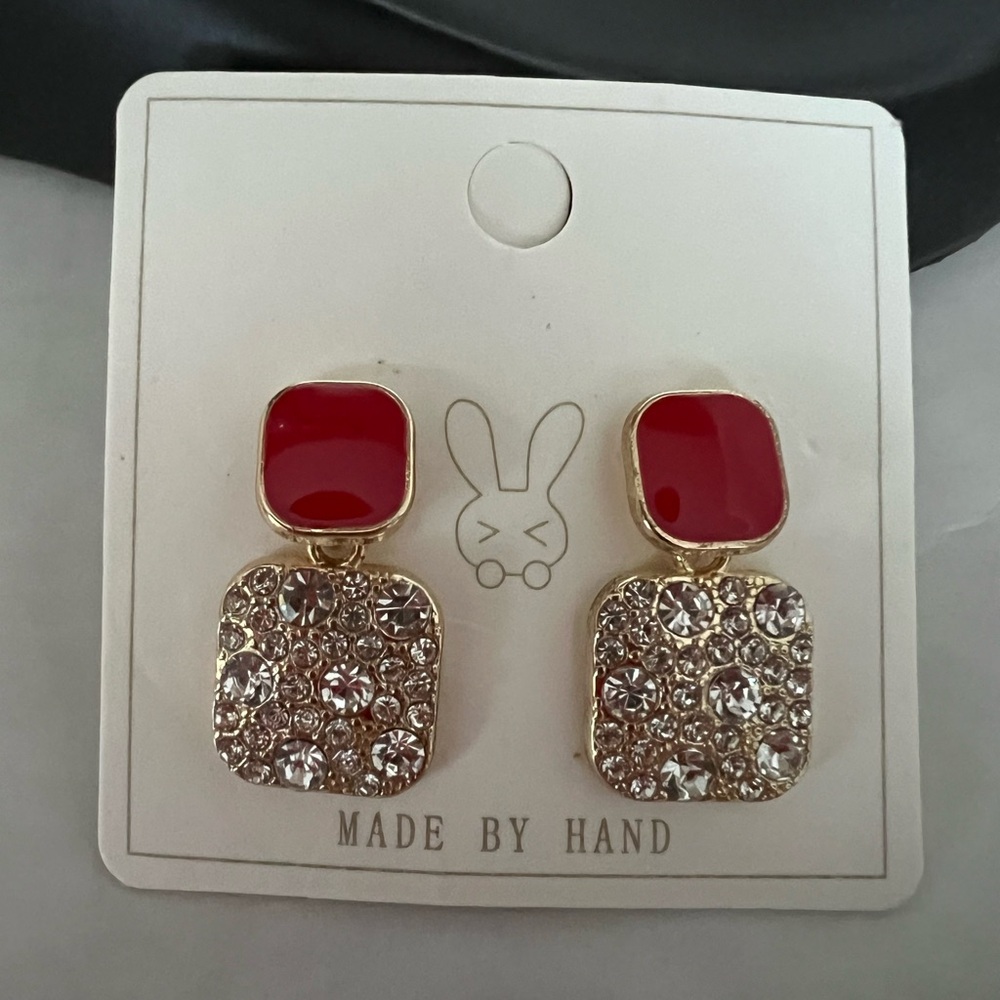 Red & Rhinestone Earrings - Picture 3 of 6